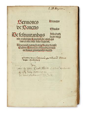 DENISSE, NICOLAS. Sermones de Sanctis.  1510 + BOVELLES, CHARLES DE.  Quaestionum theologicarum libri septe[m].  1513